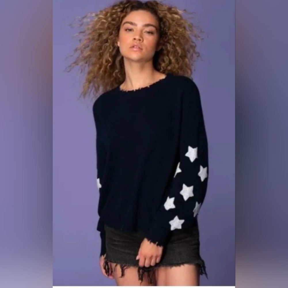 Blank Paige Cashmere Wool Sweater Navy Blue White Star Distressed Large